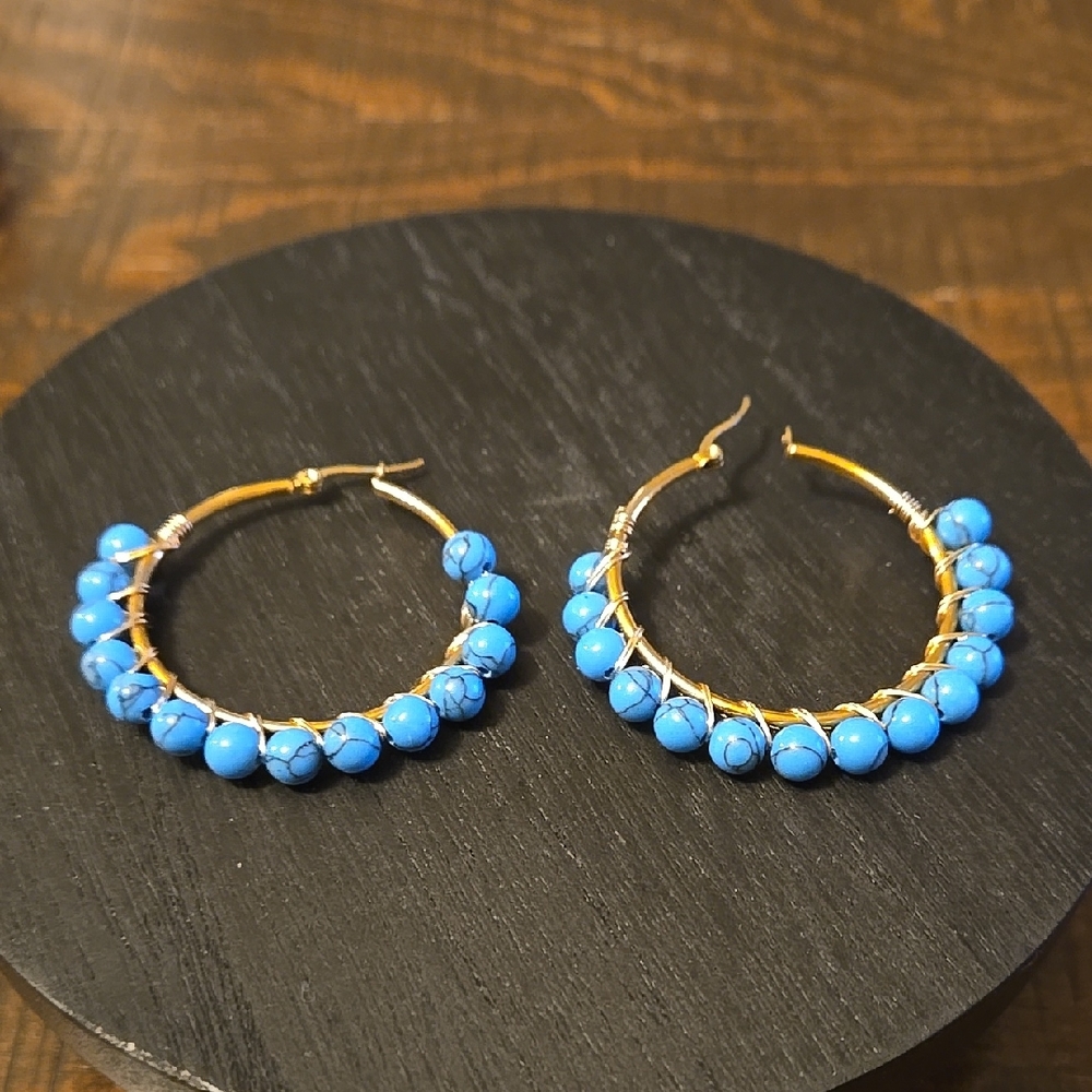 Natural Reflections Gold and Blue Genuine Blue Turquoise Bead Earrings